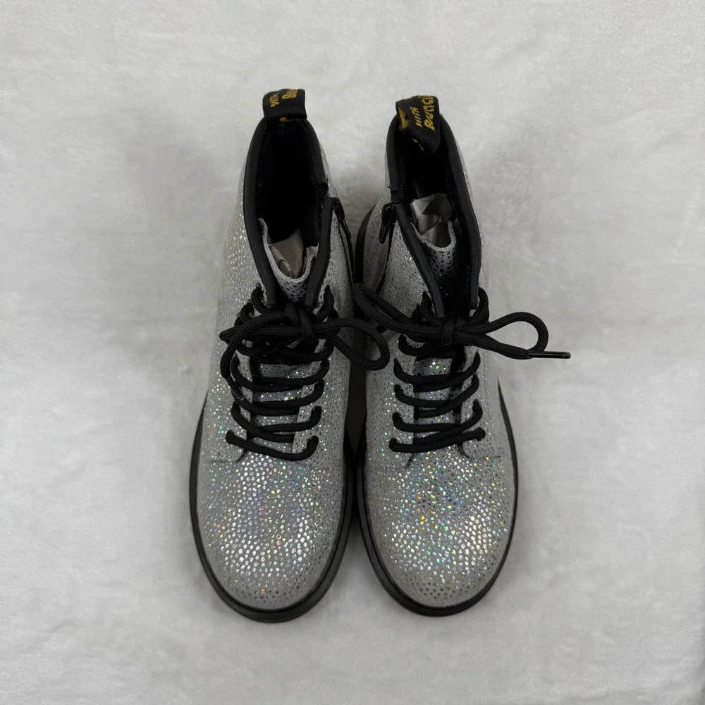 Dr. Martens 1460‎ Silver Holo Glitter Combat Boots Side Zip Kids Shoes M4 L5
